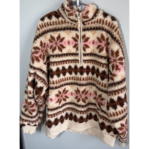 Aerie Hometown Holiday 1/4 Zip Sherpa Sweater XL Cozy Boho Ski Cabin Fair Isle - Picture 1 of 13